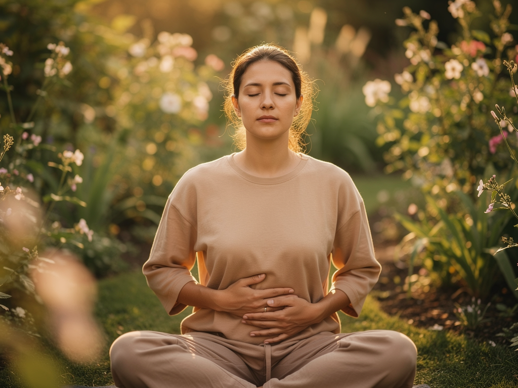 A person practising deep breathing exercises outdoors in a peaceful garden setting, eyes gently closed, hands resting on their abdomen, soft natural lighting and green foliage creating a serene atmosphere of mindful relaxation