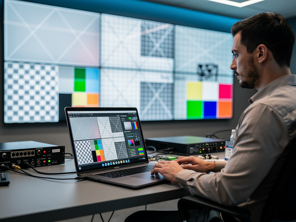 A technician adjusting bezel compensation settings on a video wall controller interface displayed on a laptop screen, with a partially configured video wall visible in the background showing calibration patterns