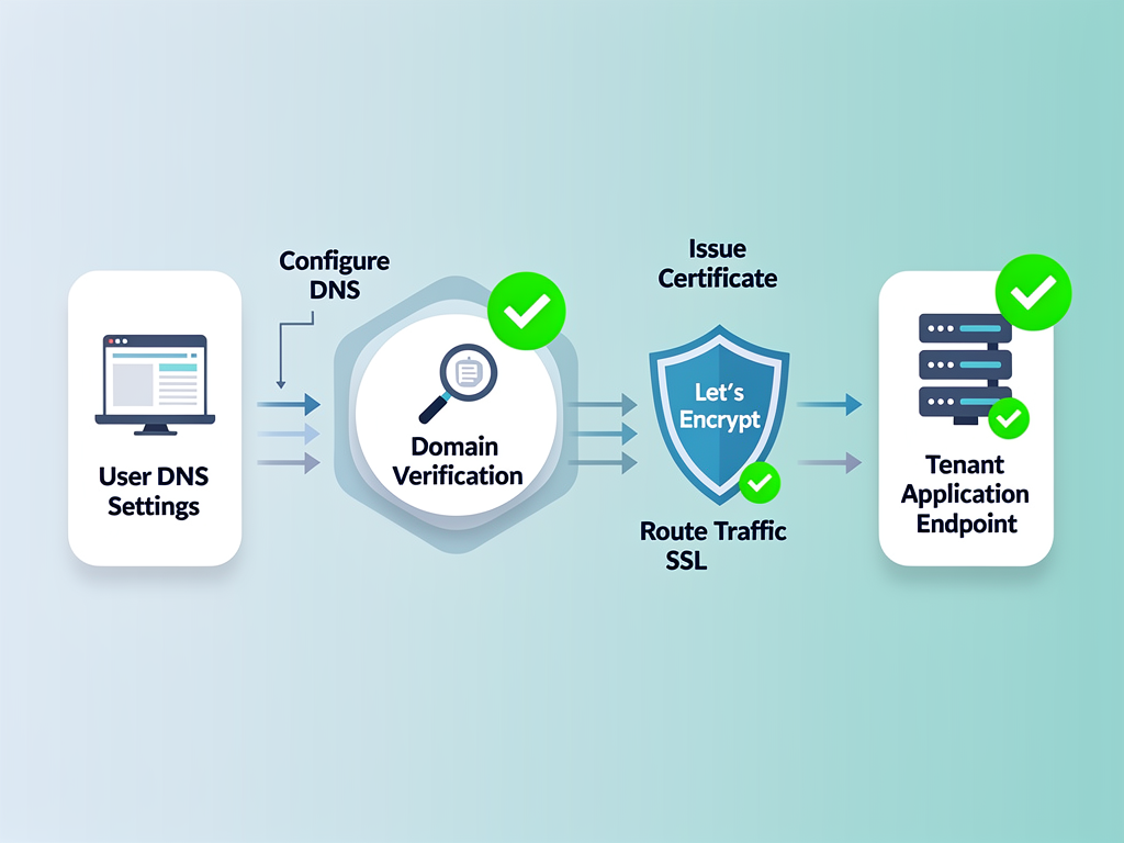 Technical flowchart showing custom domain connection process from user DNS configuration through domain verification, SSL certificate issuance via Let's Encrypt, and final routing to tenant application with green checkmarks indicating successful steps
