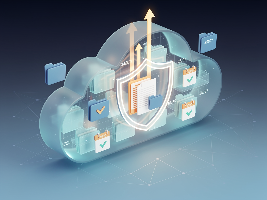 Cloud storage visualization showing automated daily backup processes with calendar timestamps, file versioning, and one-click restore options for AI-generated content libraries, emphasizing data security and recovery capabilities