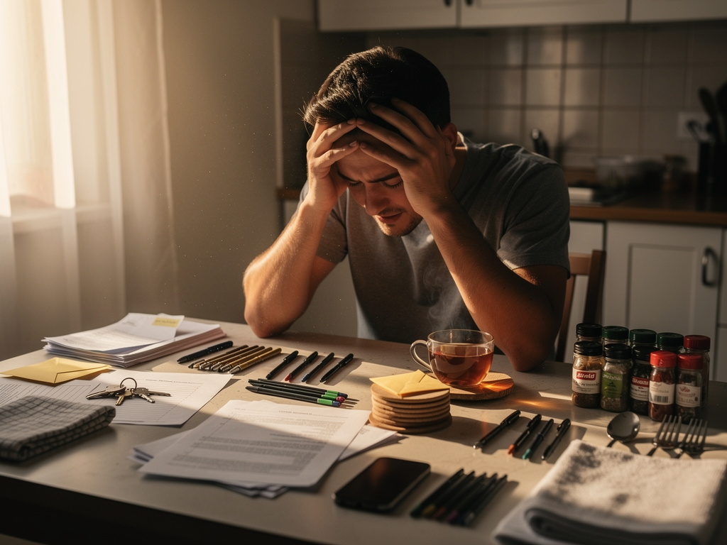 A person sitting alone in a dimly lit room, head in hands, surrounded by scattered papers and objects, conveying the overwhelming exhaustion and mental burden of living with intrusive thoughts and compulsive behaviours, soft natural light filtering through a window