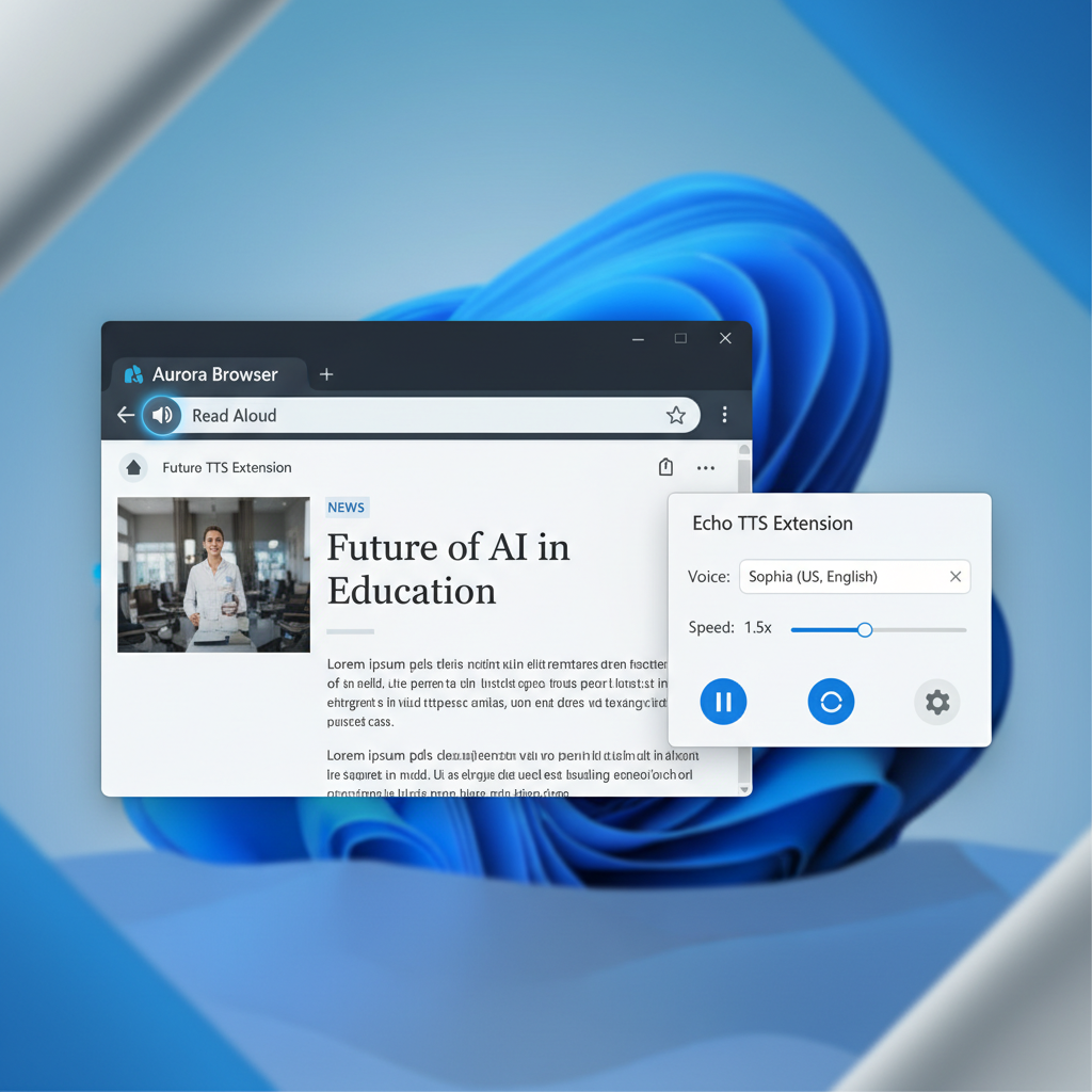 A split screen view showing a web browser with a "Read Aloud" button active, and a separate window displaying the settings for a browser-based text-to-speech extension.