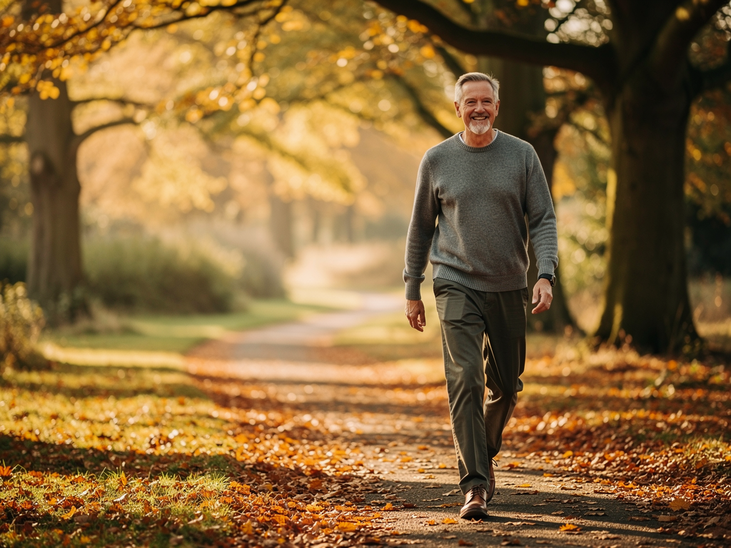 A middle-aged man walking confidently through a peaceful British park on an autumn morning, fallen leaves on the path, warm golden sunlight filtering through trees, his relaxed posture and slight smile suggesting emotional wellbeing and recovery, wearing casual comfortable clothing