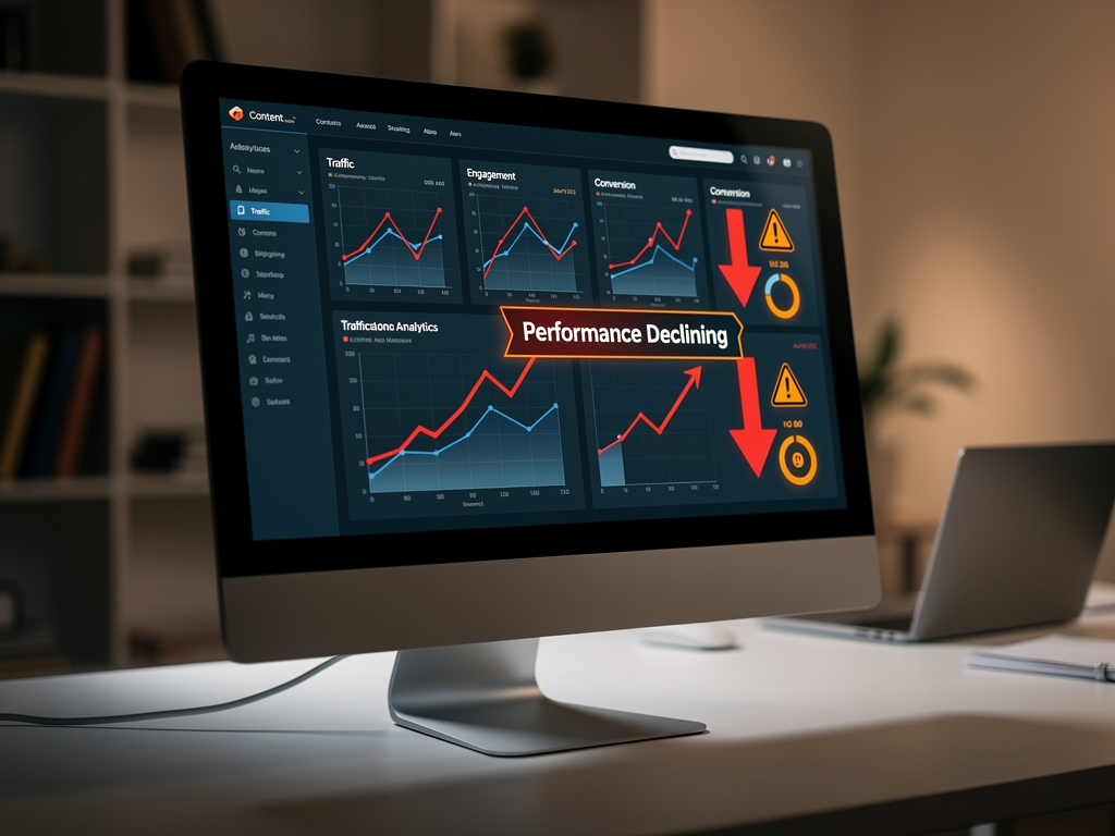 Warning sign graphic overlaid on content analytics dashboard showing declining engagement metrics, illustrating the consequences of common AI content mistakes with red trend arrows and alert indicators