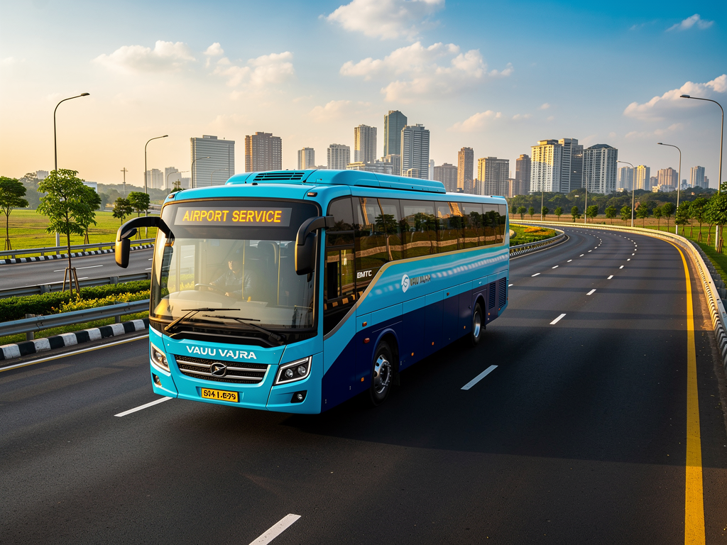 Aerial view of a modern BMTC Vayu Vajra Volvo bus traveling on a wide multi-lane expressway with green landscaping on both sides, clear blue sky above, and distant Bangalore cityscape visible in the background