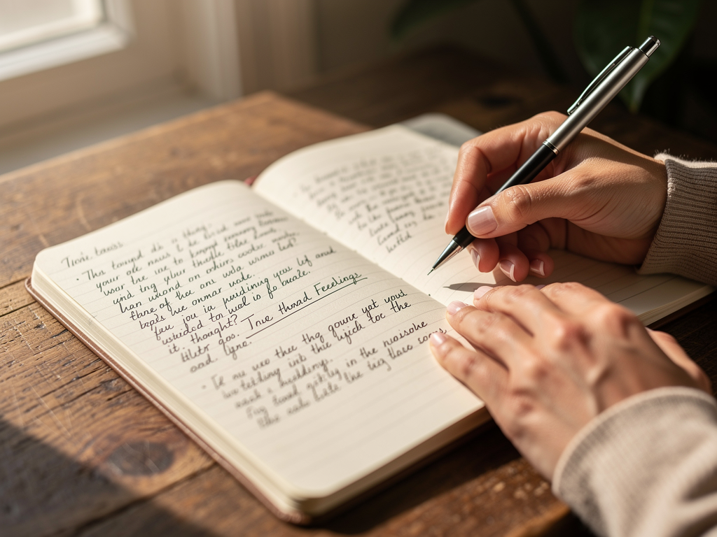 Close-up of hands writing in a therapy journal or thought record worksheet, with a pen resting on lined paper showing handwritten notes about thoughts and feelings, natural daylight illuminating the scene from a nearby window, conveying the personal work involved in CBT