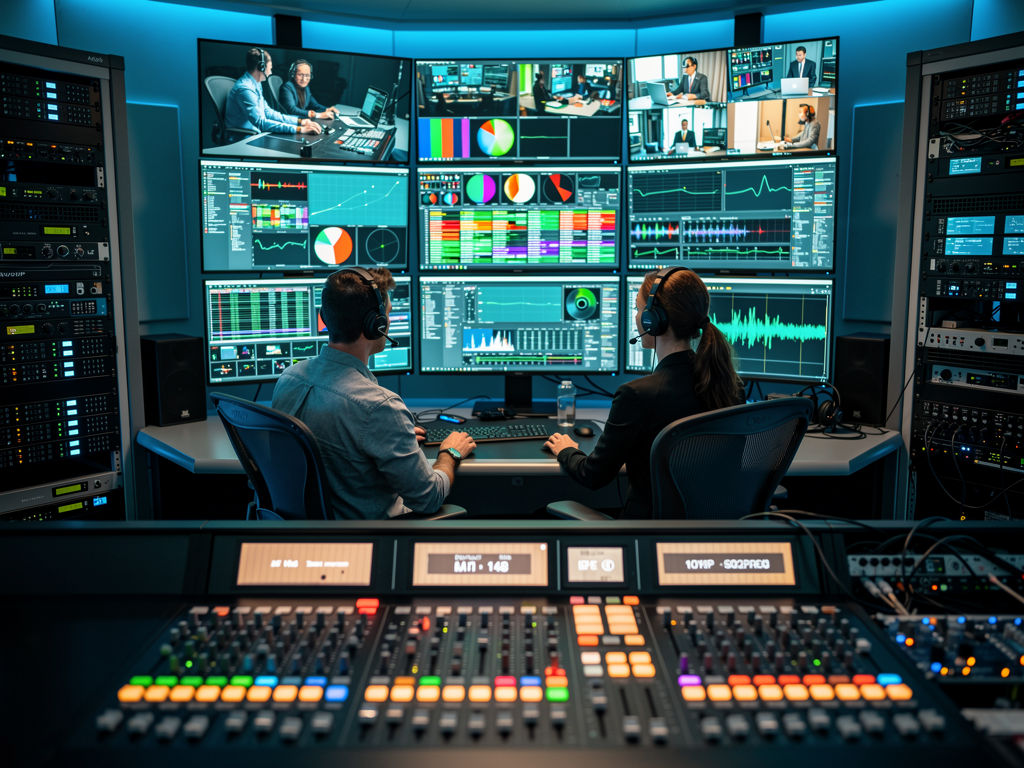 A professional broadcast control room with multiple monitors displaying live video feeds, showing engineers monitoring signal timing on waveform displays, illuminated by soft blue ambient lighting from equipment racks