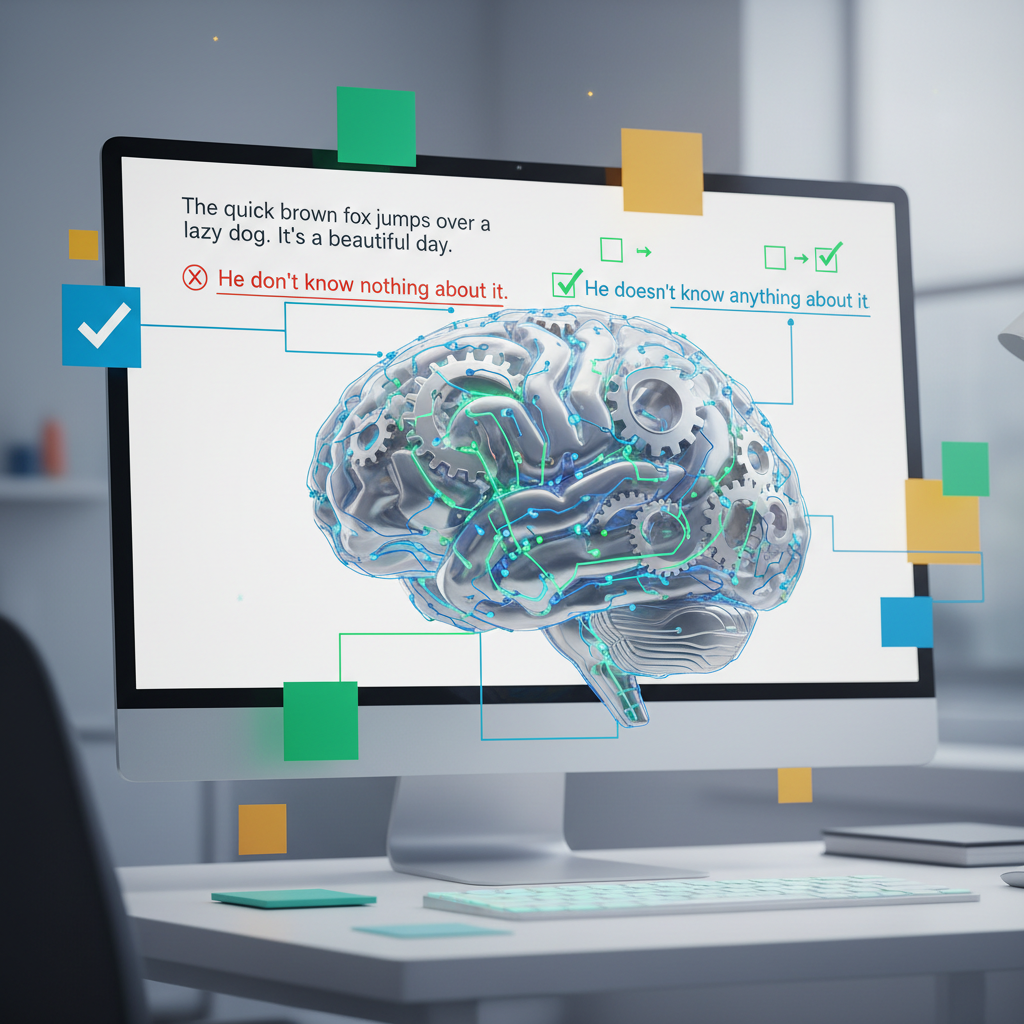 A stylized illustration of a brain with gears and circuits, representing artificial intelligence, analyzing text on a computer screen, with grammar correction symbols highlighting improvements.