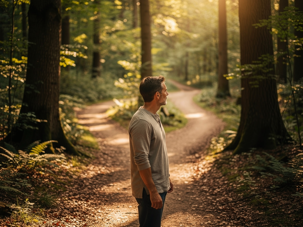 A person standing at a crossroads in a sunlit forest path, looking thoughtfully at different directions, dappled light through trees creating a sense of possibility and choice, natural woodland setting suggesting the journey of considering different perspectives