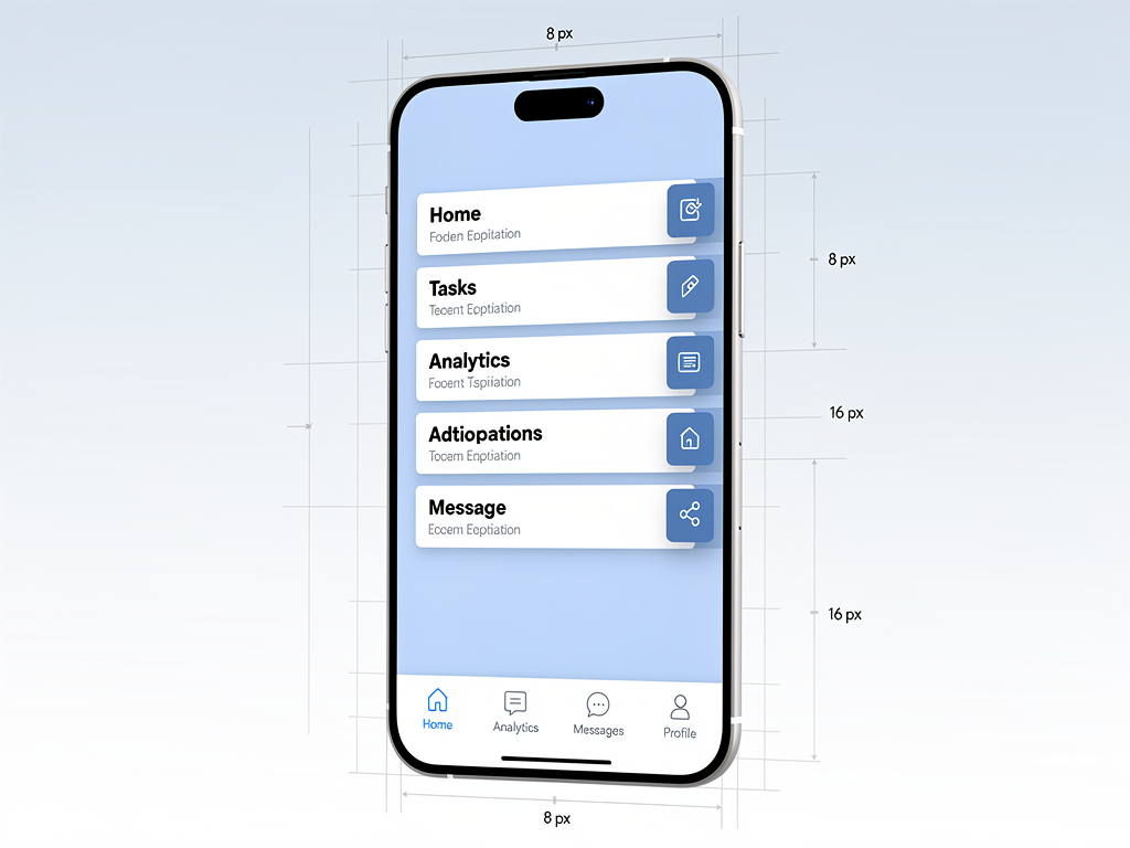 A mobile phone mockup displaying a SaaS application with Lucide icons optimized for touch interaction. The bottom navigation bar shows five icons with adequate spacing for touch targets. The main content features a list view with swipe-to-reveal action icons. The design demonstrates proper sizing and spacing for mobile usability with a clean, modern aesthetic.