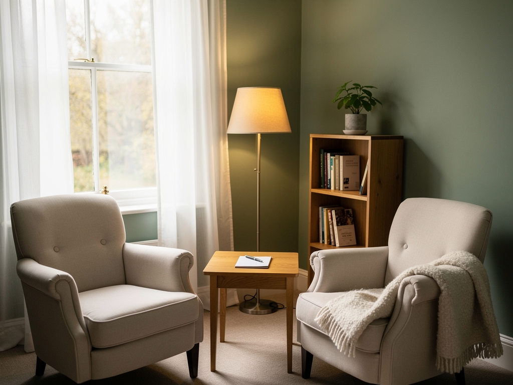 A warm therapy room setting in a British counselling practice, two comfortable armchairs positioned at a conversational angle, soft lamp lighting creating an inviting atmosphere, a small side table with a notepad suggesting a professional therapeutic environment focused on meaningful dialogue