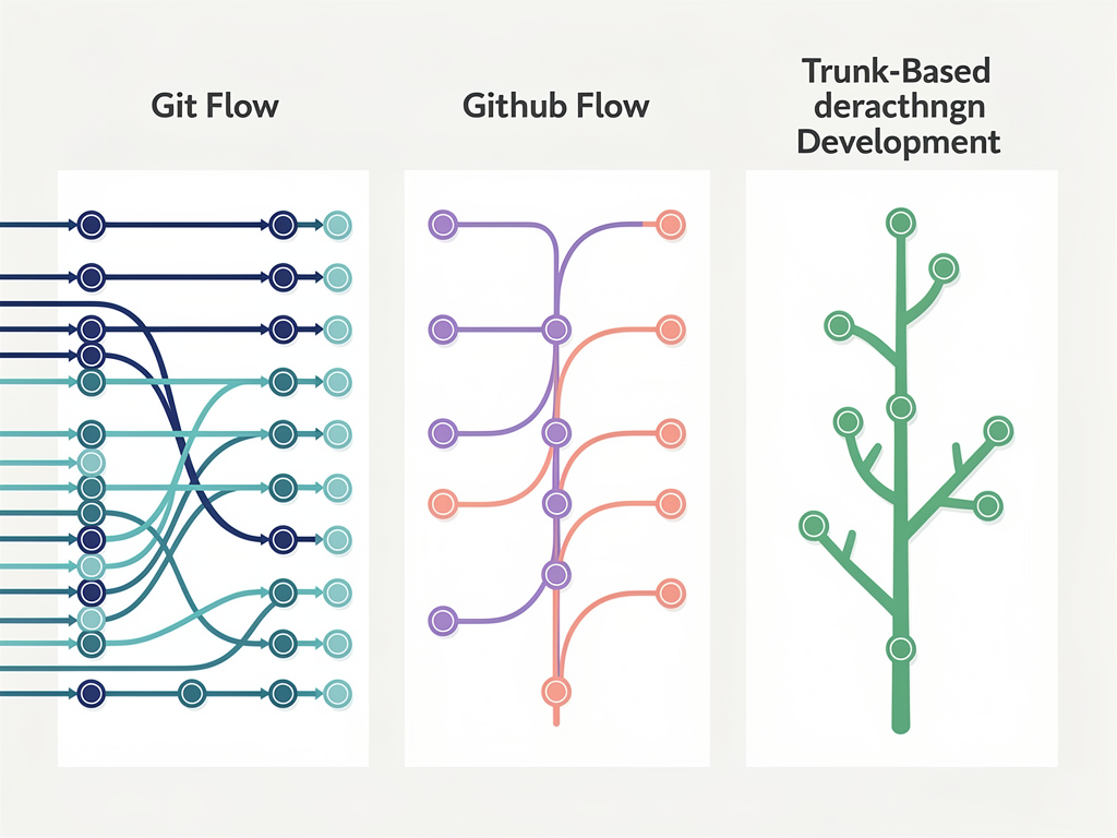 A comparison diagram showing three branching strategies side by side: Git Flow with multiple parallel branches, GitHub Flow with simple feature branches merging to main, and Trunk-Based Development with direct commits to main, each illustrated with branch lines and merge points in distinct colors