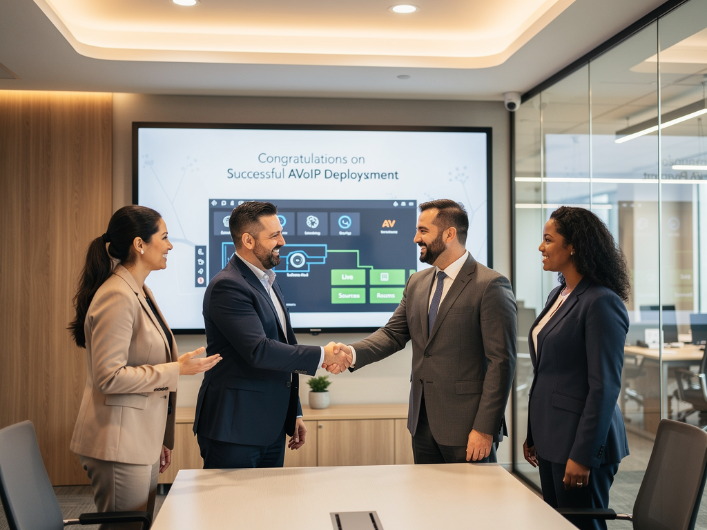 A successful project completion celebration in a modern office space with the AV system visible in the background displaying congratulatory content, project team members shaking hands, professional yet warm atmosphere, natural and artificial lighting creating an inviting environment