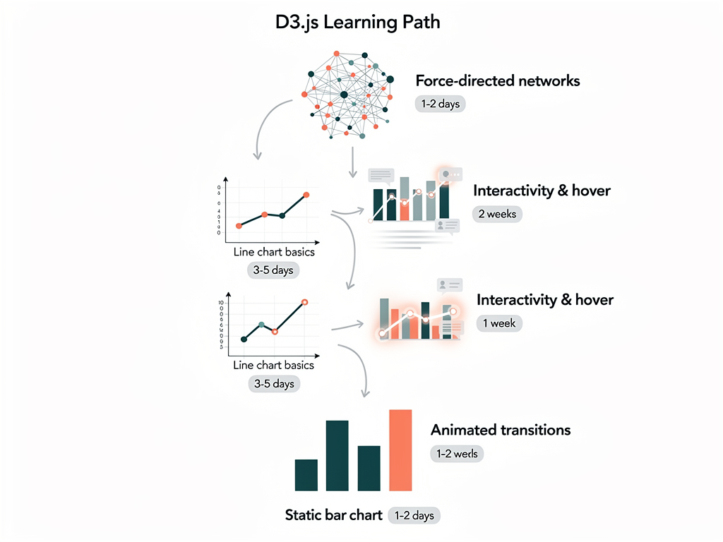 Flowchart diagram showing a recommended D3.js learning progression starting with static bar charts, progressing through line charts with axes, then adding interactivity, followed by transitions, and finally reaching complex visualizations like force graphs, with time estimates and key concepts labeled at each stage