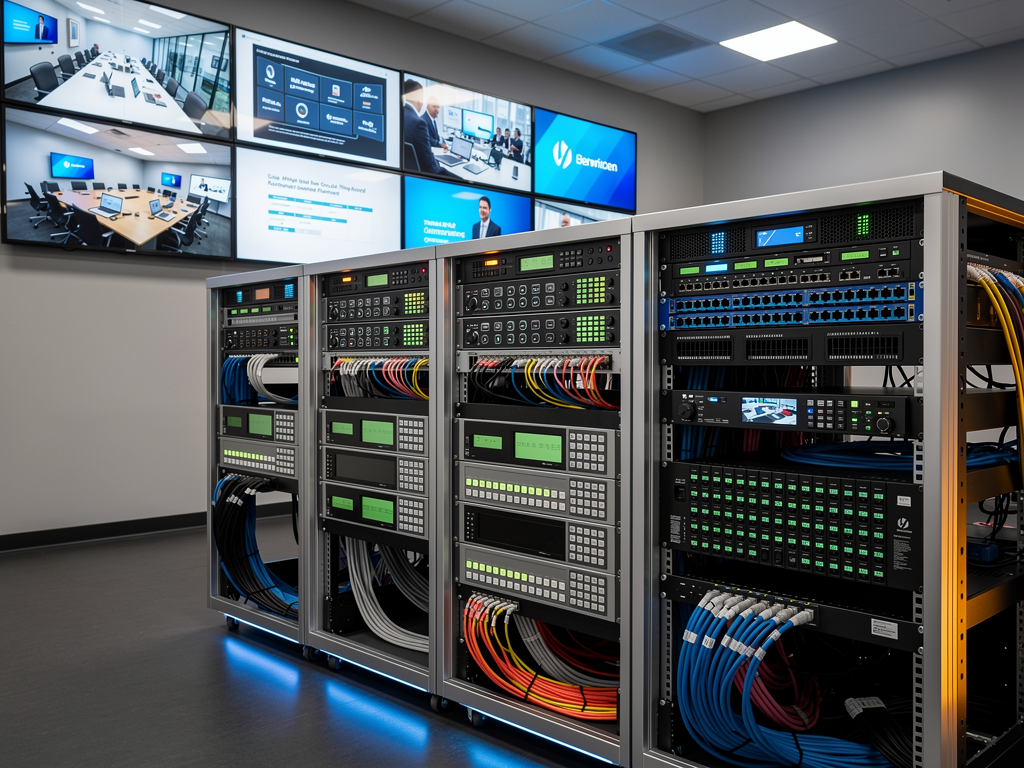 A modern corporate AV control room showing both traditional rack-mounted matrix switchers and newer network switches side by side, with multiple display monitors showing various video feeds, professional lighting illuminating the equipment, conveying a sense of technological transition and hybrid infrastructure