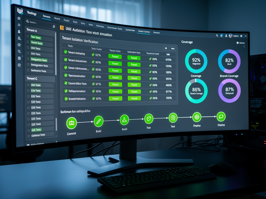 Test automation dashboard showing multi-tenant test suite results with tenant isolation tests highlighted, code coverage metrics, and continuous integration pipeline status with green checkmarks indicating passing builds
