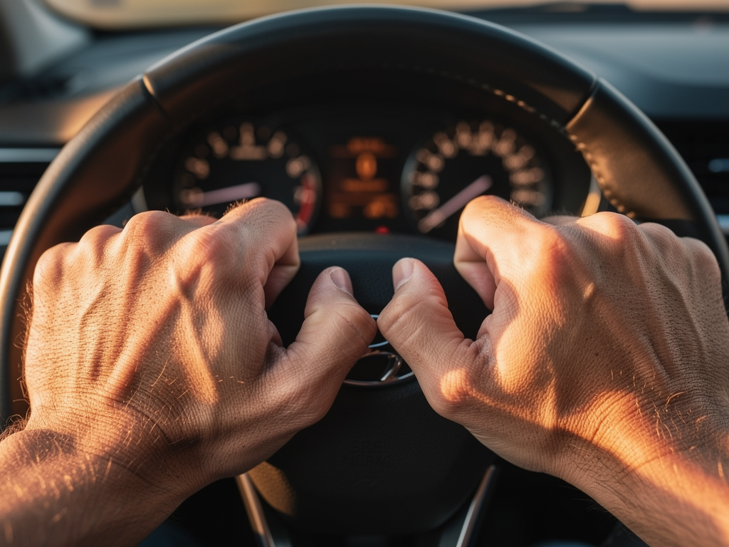 Close-up of hands gripping a steering wheel tightly with white knuckles visible, dashboard lights softly glowing, capturing the physical tension that accompanies anger during a frustrating commute situation