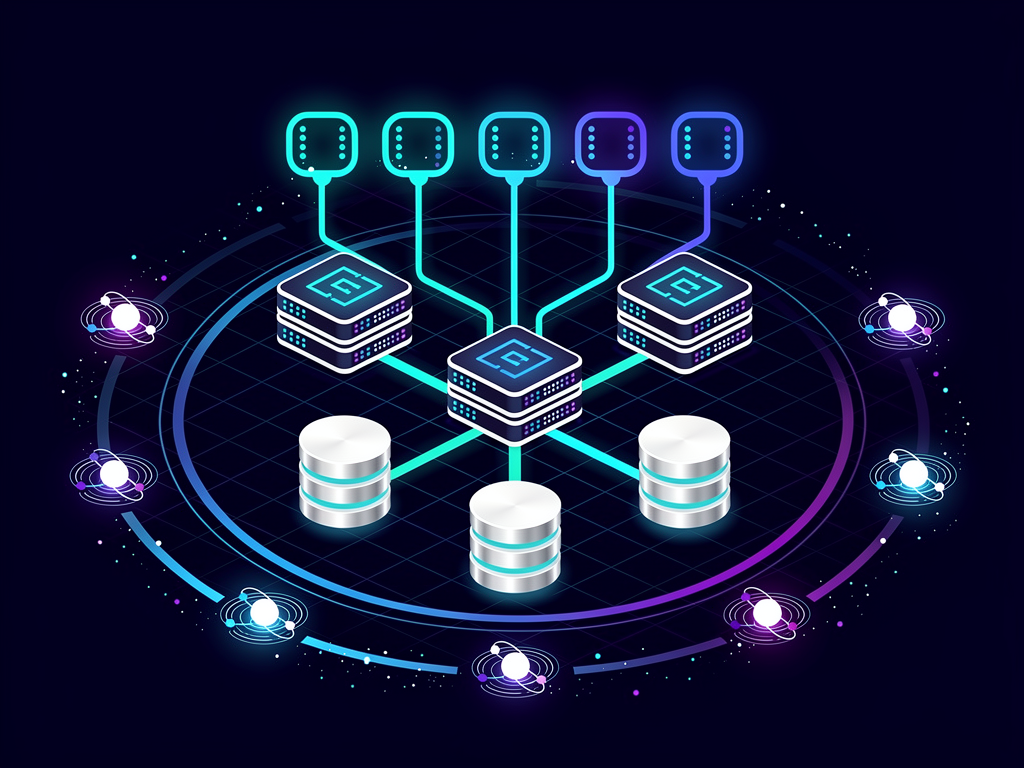 Server infrastructure diagram showing cloud deployment architecture with load balancers, application servers, database clusters, and CDN nodes distributed across multiple geographic regions, technical illustration style with icons and connection lines on a dark background