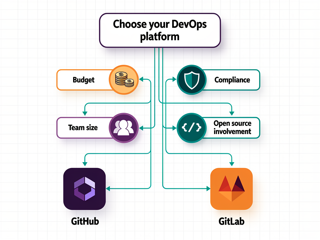 Decision flowchart infographic showing different SaaS project scenarios branching to GitHub or GitLab recommendations based on factors like budget, compliance requirements, team size, and open-source involvement, with clear icons and directional arrows