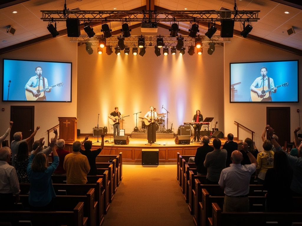 A modern house of worship sanctuary with large projection screens flanking the stage, showing close-up IMAG feeds of musicians performing, warm lighting creating an inviting atmosphere