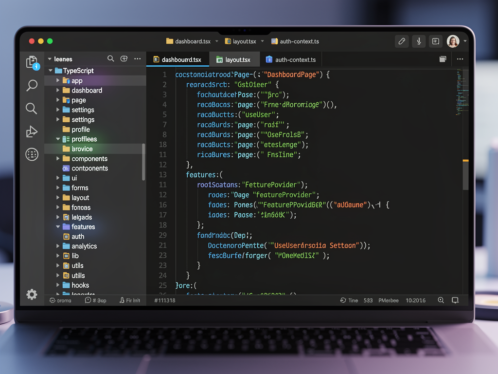 Code editor screenshot showing NextBuilder's modular folder structure with highlighted directories for components, features, lib, and app routes, demonstrating clean separation of concerns with TypeScript files visible in the explorer panel