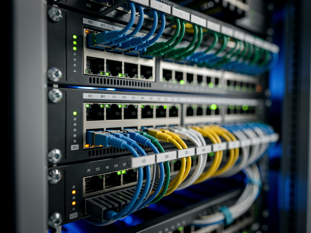 Close-up view of enterprise network switches in a server room rack, showing multiple fiber optic and Ethernet cables neatly organized with color-coded labels, indicator lights blinking to show active connections, professional cable management demonstrating best practices