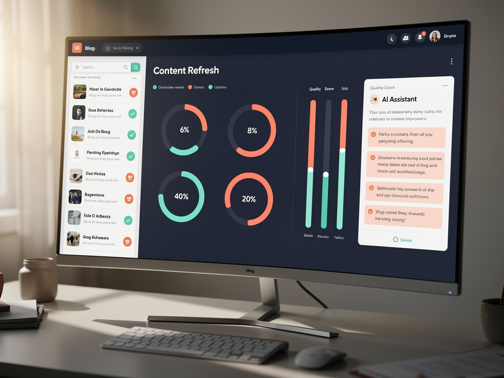 Dashboard interface of an AI content platform showing content refresh workflow with options for analyzing existing content, suggesting updates, generating new sections, and publishing directly to CMS, displayed with progress indicators and quality scores for each refreshed article
