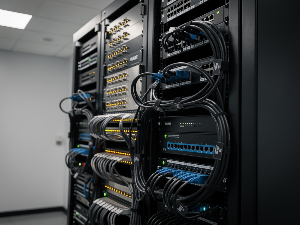 Traditional AV matrix switcher installed in equipment rack alongside modern network switches, professional integration showing cable connections between legacy and IP-based systems, warm equipment room lighting with organized patch panels visible