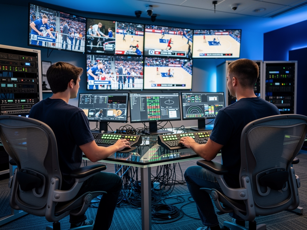 A collegiate sports production control room with students operating AVoIP-based switching and graphics systems. Multiple displays show various camera angles from a basketball game, while compact network-based equipment replaces traditional broadcast hardware.