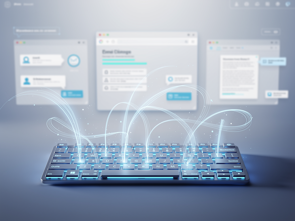 Windows desktop workspace showing multiple open applications including email client, web browser, and document editor with consistent typing assistance indicators visible across all windows