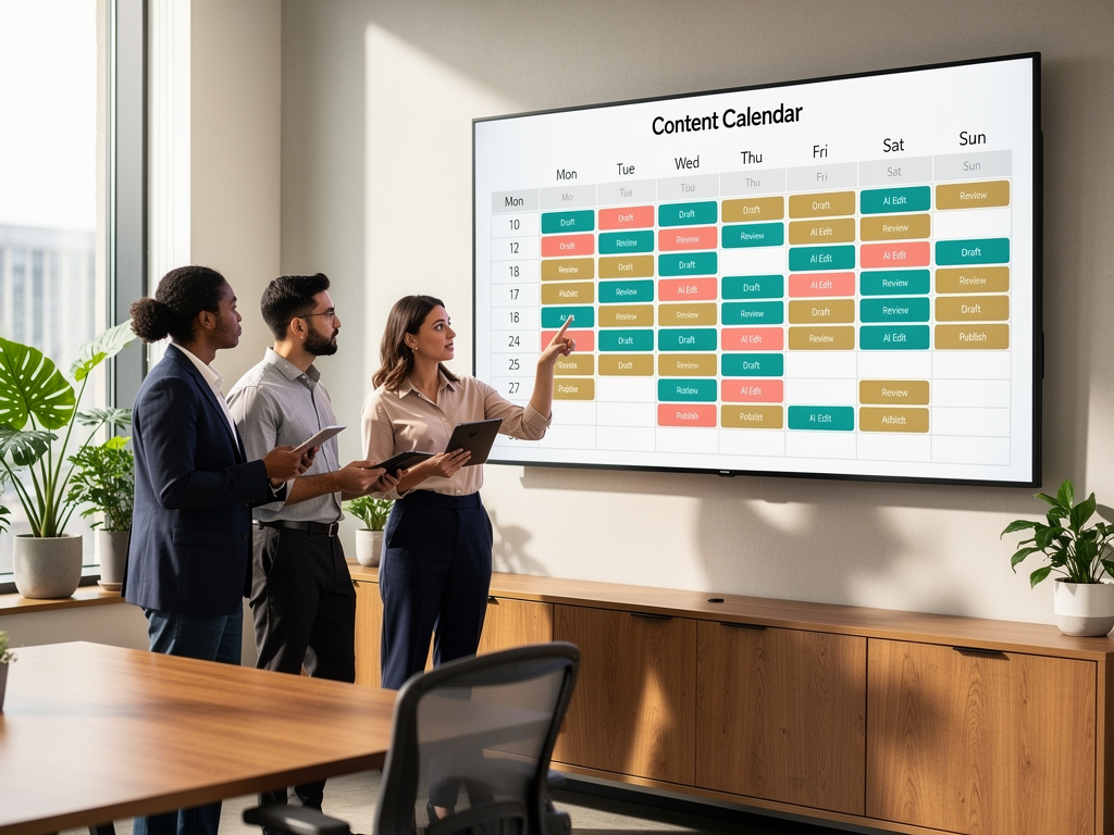 A content production calendar displayed on a large wall-mounted screen showing a monthly view with color-coded content items at various stages of production, team members in the foreground discussing the schedule, modern open office environment with collaborative workspace design