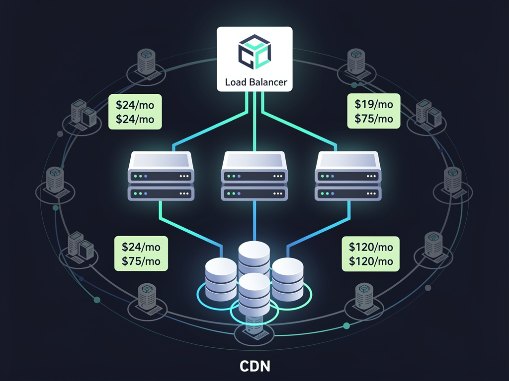 Server infrastructure diagram showing self-hosted deployment architecture with load balancer, application servers, database cluster, and CDN, connected by network lines with cost estimates displayed for each component