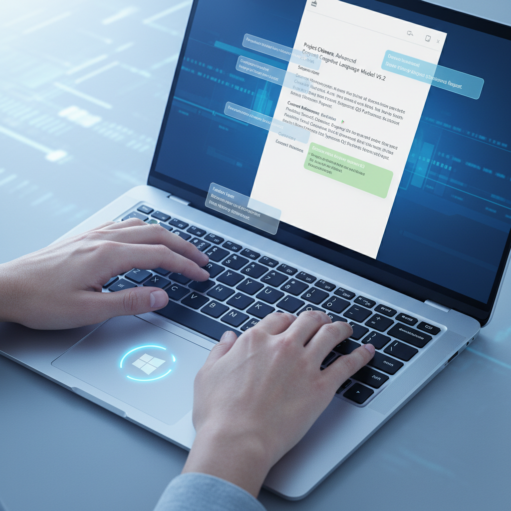 A close-up, high-angle shot of a pair of hands typing on a modern, sleek laptop keyboard with a glowing Windows logo, illustrating advanced, futuristic writing assistance beyond basic autocorrect. The screen displays a sophisticated, clean user interface with subtle, dynamic text suggestions and grammar highlights, implying AI-powered features. The lighting is soft and ambient, casting a gentle glow on the keyboard and hands. The color palette is cool and professional, featuring blues, grays, and whites, conveying a sense of innovation and efficiency. The mood is focused and productive, emphasizing seamless integration and enhanced productivity. This is a photorealistic editorial photograph, suitable for a technology magazine.