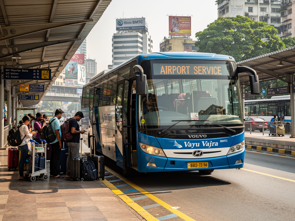 A modern BMTC Vayu Vajra Volvo airport coach parked at a busy urban bus station during daytime, with passengers waiting nearby and city buildings visible in the background, bright natural lighting creating a welcoming atmosphere