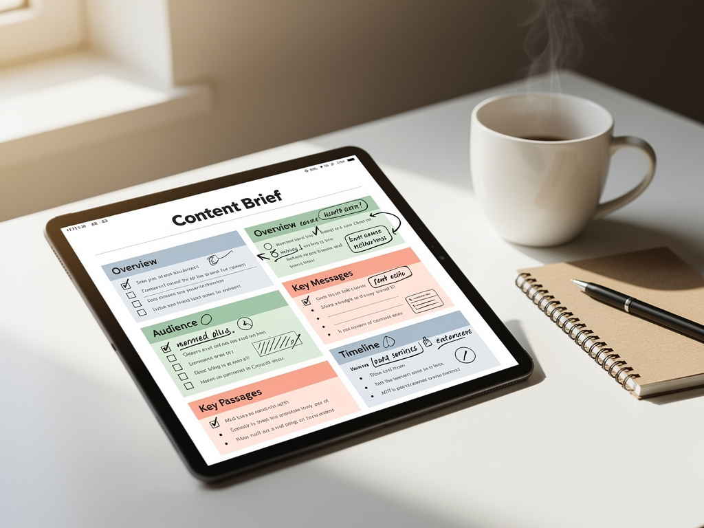 A detailed content brief document displayed on a tablet screen, showing sections for question clusters, definition requirements, citable passages, and comparison table specifications. The document uses color-coded sections with checkboxes and annotation marks. A coffee cup and notebook sit beside the tablet on a clean white desk surface with natural lighting from a nearby window.