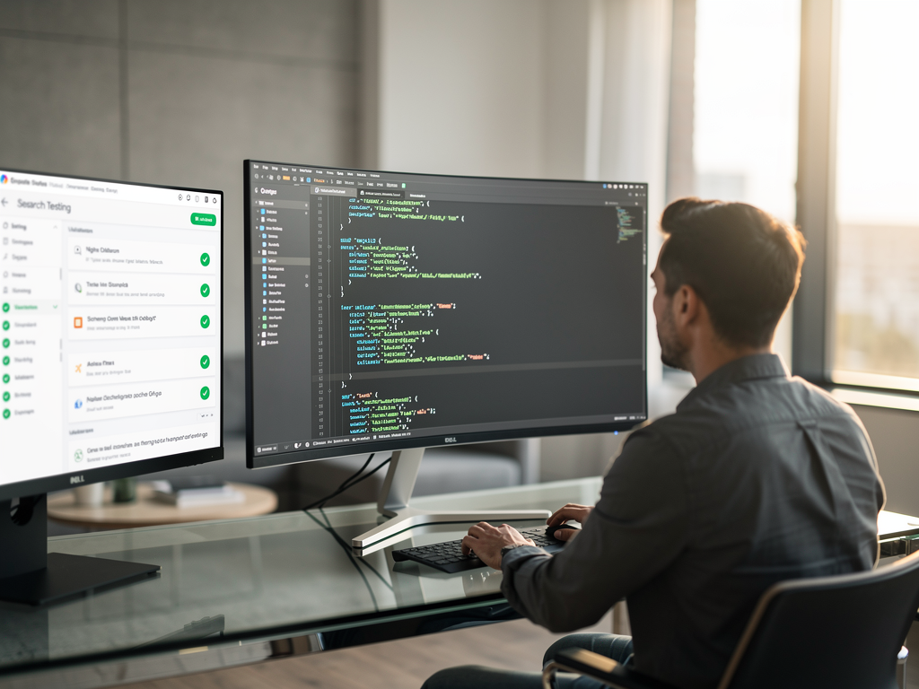A digital marketing professional reviewing structured data code on a large monitor in a modern office setting, with JSON-LD syntax visible on screen and Google Search Console open in a secondary window, bright natural lighting from nearby windows creating a productive atmosphere