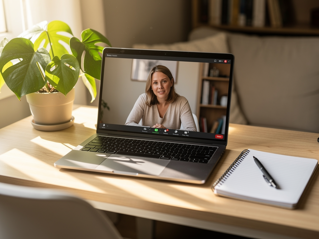 A laptop screen showing a video therapy session, set up on a home desk with a plant and notepad nearby, natural window light illuminating the space, representing accessible online mental health support