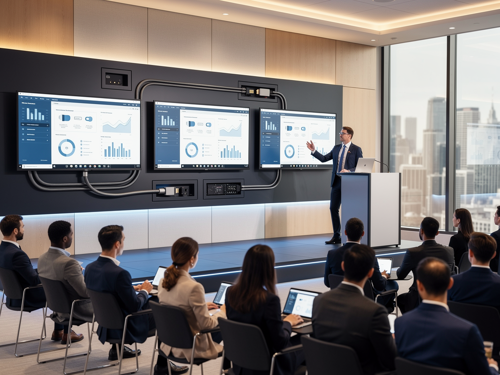 A successful AVoIP deployment in a large corporate auditorium showing multiple displays receiving synchronized content, audience members engaged with presentation, professional lighting highlighting the modern technology integration