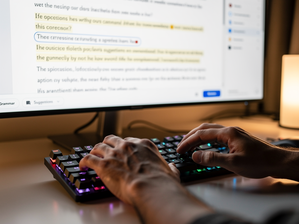 Close-up of a user's hands typing rapidly on a modern mechanical keyboard, with a blurred screen in the background displaying text being corrected in real-time by a writing assistant.