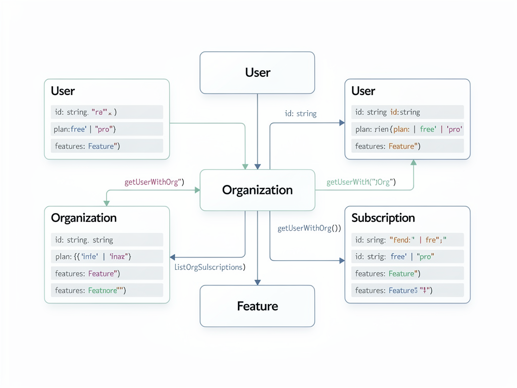 Database schema diagram with TypeScript type annotations overlaid, showing relationships between user, organization, subscription, and feature tables with type-safe query patterns illustrated, clean technical infographic style