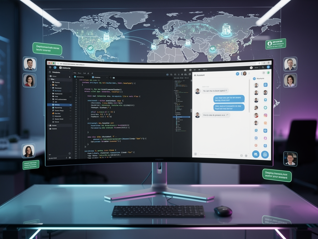 Futuristic development environment concept showing AI assistant panel alongside traditional code editor, with real-time collaboration indicators, edge deployment status, and integrated monitoring dashboards in a sleek interface design