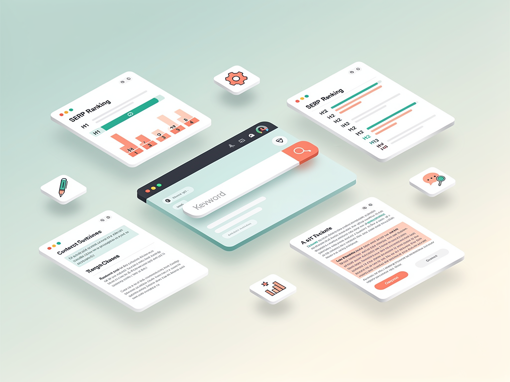 Koala AI article generation interface showing keyword input field, SERP analysis results, outline preview, and generated article with formatting options in a minimalist dashboard design