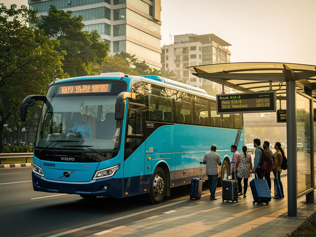 Modern BMTC Vayu Vajra Volvo bus at a covered bus shelter with digital display boards showing route information, passengers waiting with luggage, urban Bangalore setting with trees and modern buildings in background