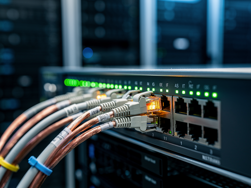 Close-up of a managed network switch with multiple fiber and copper connections, LED indicators showing active ports, professional data center environment with blue ambient lighting, shallow depth of field focusing on the switch interface