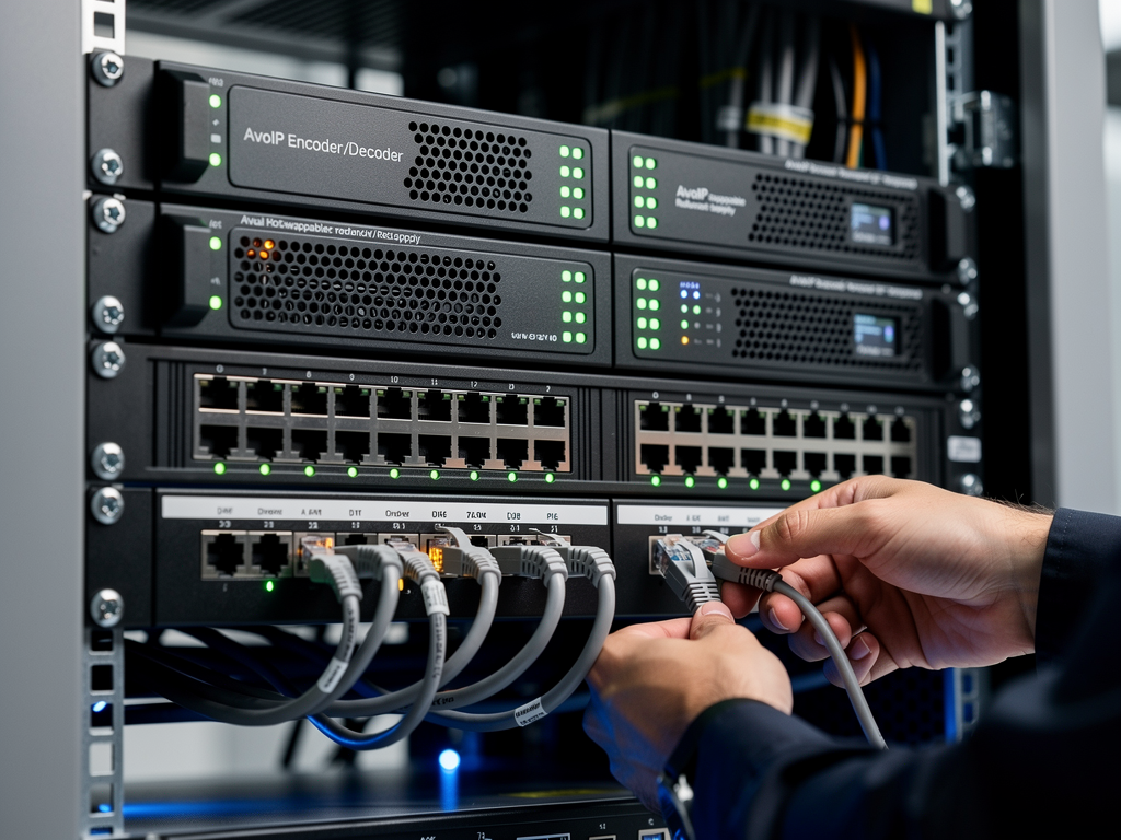 Close-up view of professional AVoIP equipment in a rack showing dual power connections, redundant network ports with active link lights, and clear labeling, technician's hands visible checking cable connections, focused task lighting
