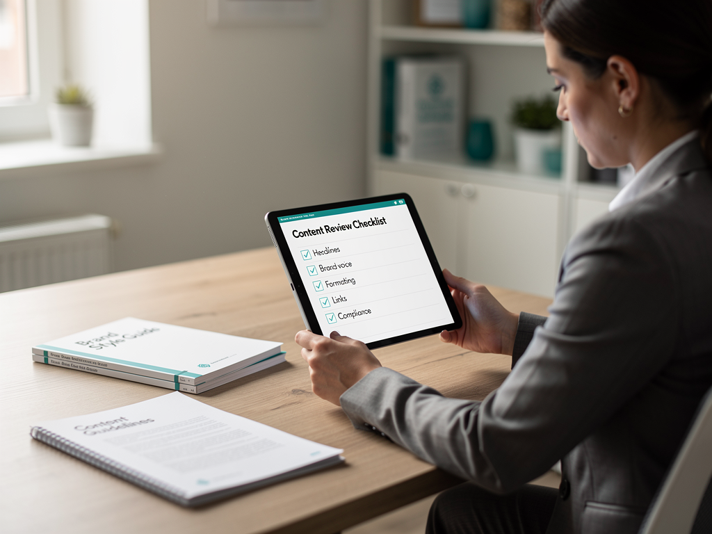 Content strategist reviewing automated article quality checklist on tablet device, with printed style guide and brand guidelines visible on desk, demonstrating quality control process for AI-generated content
