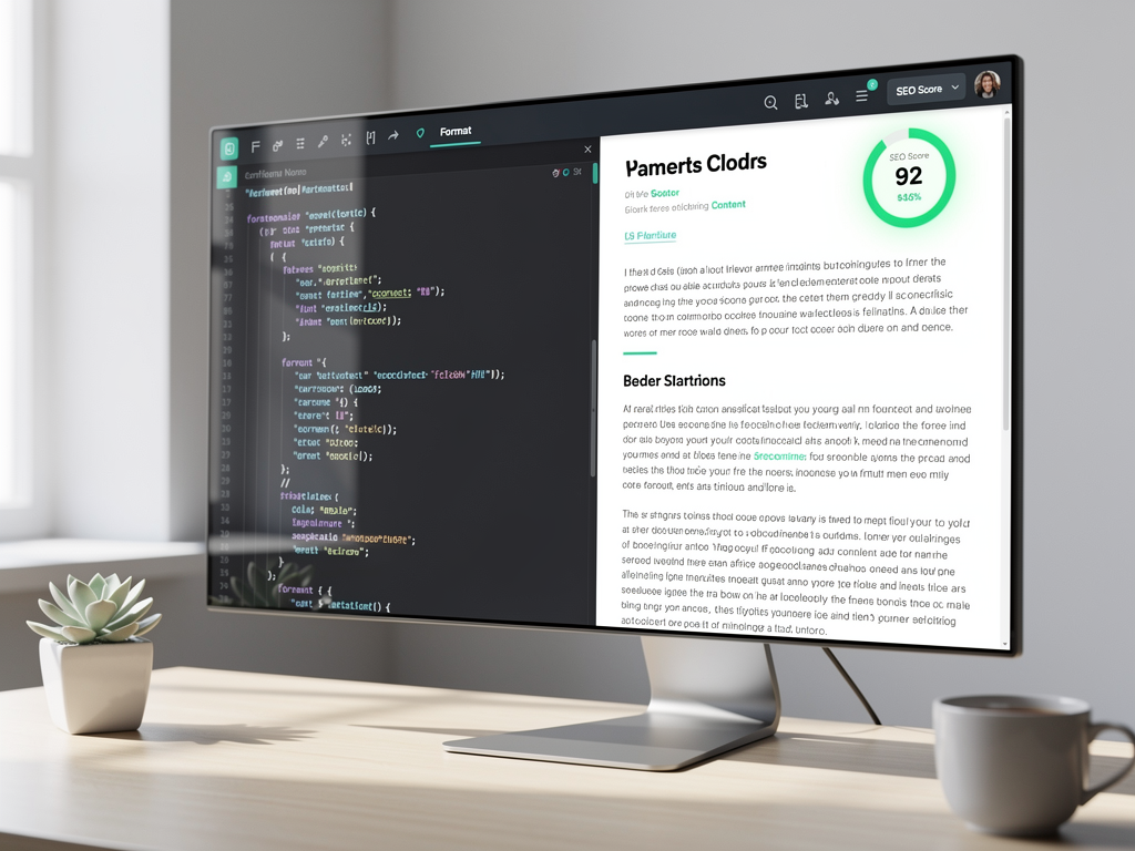 Content editor interface showing a split view with Markdown source on the left and rendered preview on the right, featuring a toolbar with formatting buttons, component insertion dropdown, and SEO score indicator in the corner