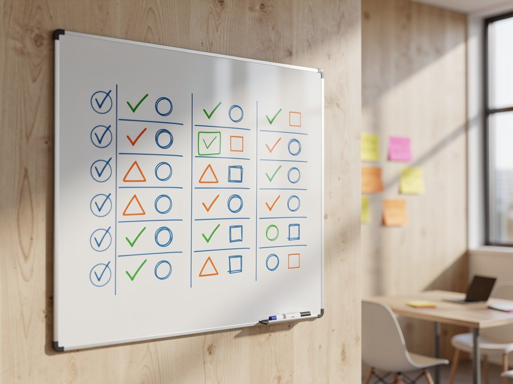 Whiteboard with decision matrix comparing three SaaS starter kits across multiple criteria, checkmarks and scores visible, startup office environment with natural lighting, collaborative planning session atmosphere