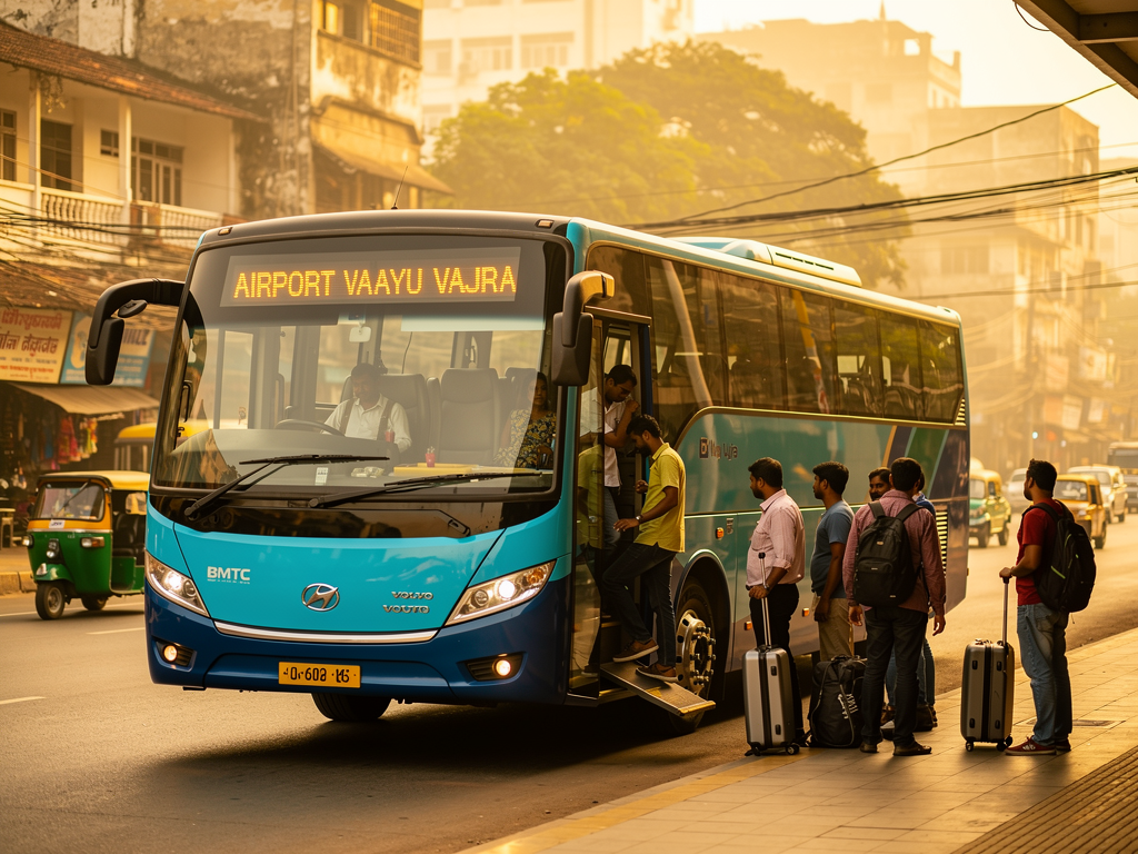 A modern BMTC Vayu Vajra Volvo airport coach stopped at a busy Bangalore transit hub during morning hours, with passengers boarding through the front door, urban buildings visible in the background, soft morning light creating a warm atmosphere, the bus displaying its distinctive cyan-blue livery with dark blue lower panels