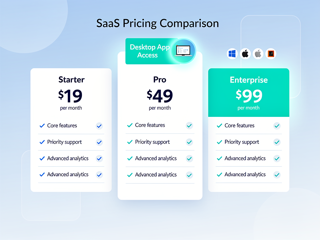 Pricing table comparison showing SaaS subscription tiers with desktop application access highlighted as premium feature, checkmarks and feature lists, professional pricing page design with call-to-action buttons, clean modern style
